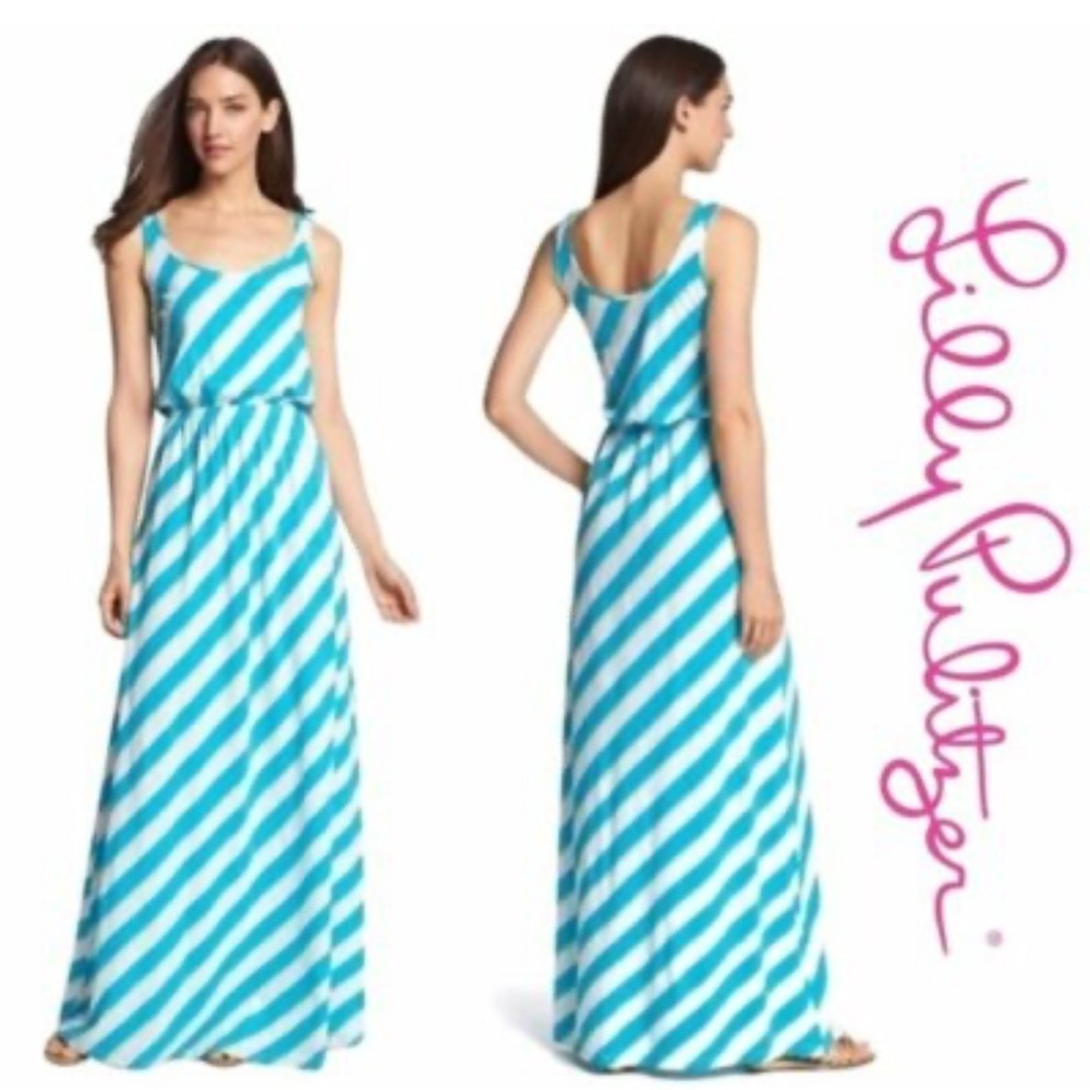 Lilly Pulitzer S Maxi Dress Tria Turquoise Roper Stripe Blue White Green Summer